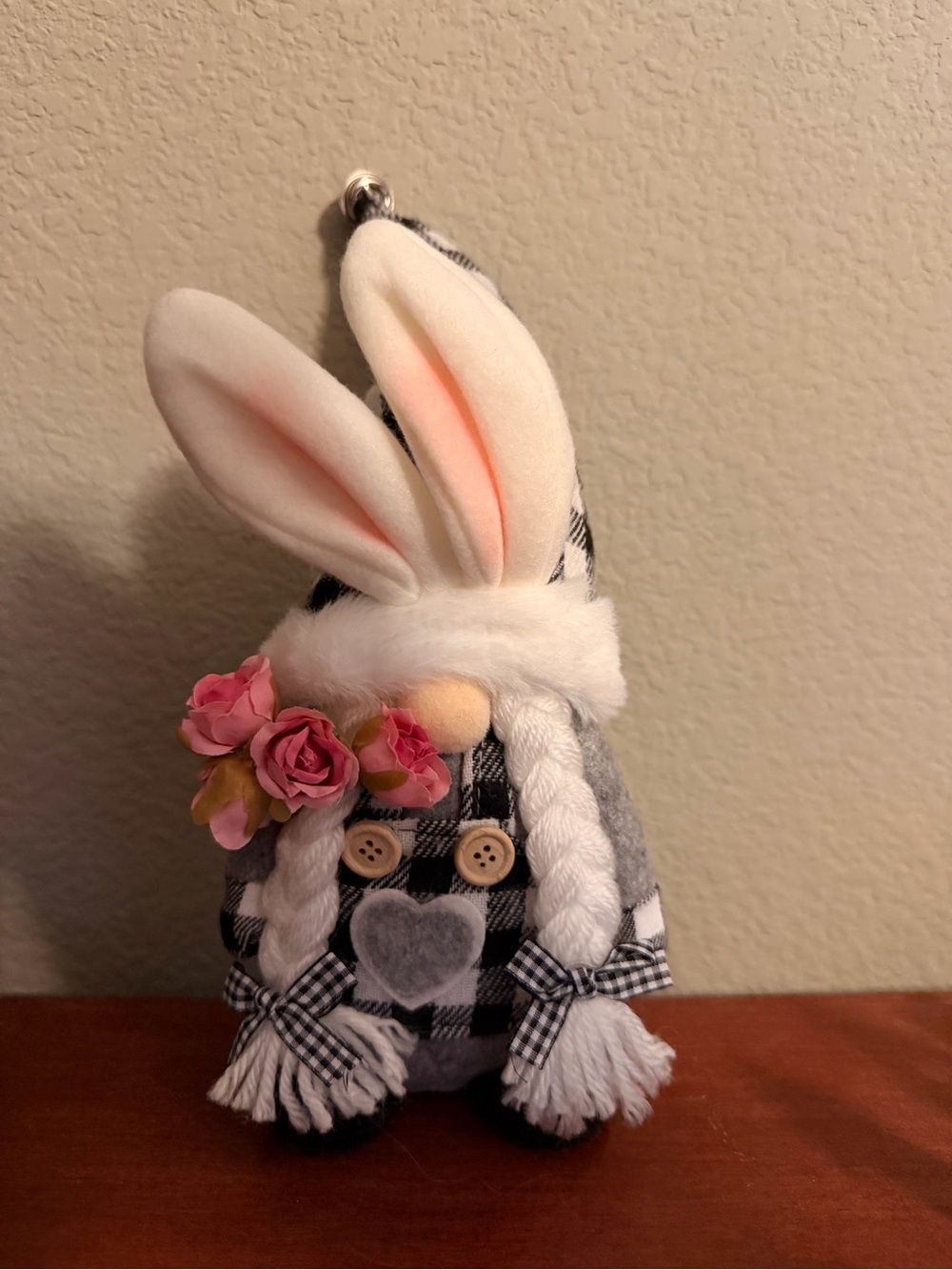 Plaid Bunny Gnome Plush with Pink Flower Accent